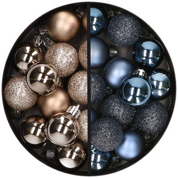 34x stuks kunststof kerstballen champagne en donkerblauw 3 cm - Kerstbal