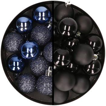 36x stuks kunststof kerstballen donkerblauw en zwart 3 en 4 cm - Kerstbal