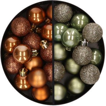 28x stuks kleine kunststof kerstballen legergroen en bruin 3 cm - Kerstbal