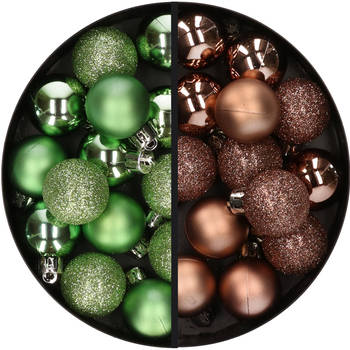 28x stuks kleine kunststof kerstballen groen en bruin 3 cm - Kerstbal