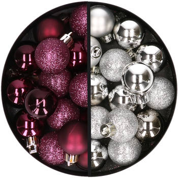 34x stuks kunststof kerstballen aubergine paars en zilver 3 cm - Kerstbal
