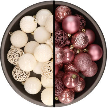 Kerstballen - 74x stuks - wol wit en oudroze - 6 cm - kunststof - Kerstbal