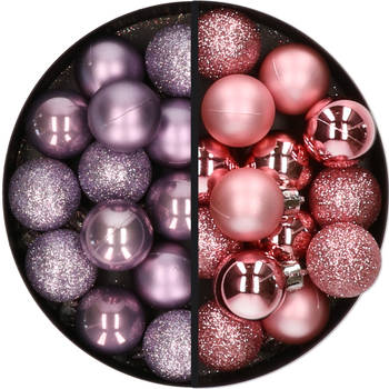 28x stuks kleine kunststof kerstballen lila paars en roze 3 cm - Kerstbal