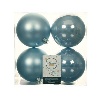 Decoris Kerstballen - 4x stuks - kunststof - lichtblauw - 10 cm - Kerstbal