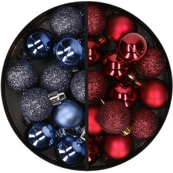 34x stuks kunststof kerstballen donkerblauw en donkerrood 3 cm - Kerstbal