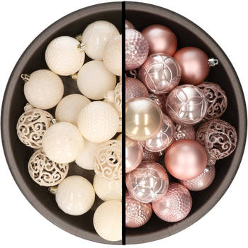 Kerstballen - 74x stuks - wol wit en lichtroze - 6 cm - kunststof - Kerstbal