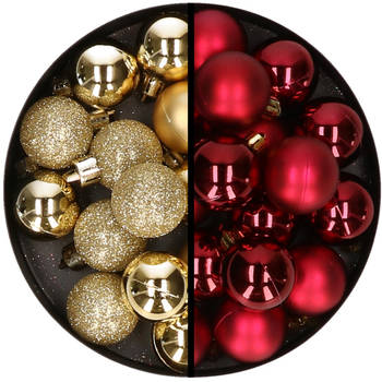 36x stuks kunststof kerstballen goud en donkerrood 3 en 4 cm - Kerstbal