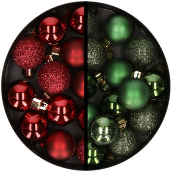 34x stuks kunststof kerstballen donkerrood en donkergroen 3 cm - Kerstbal