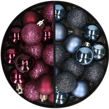 34x stuks kunststof kerstballen aubergine paars en donkerblauw 3 cm - Kerstbal