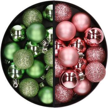 28x stuks kleine kunststof kerstballen groen en roze 3 cm - Kerstbal
