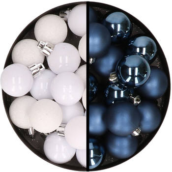 36x stuks kunststof kerstballen wit en donkerblauw 3 en 4 cm - Kerstbal