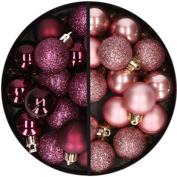 34x stuks kunststof kerstballen aubergine paars en oudroze 3 cm - Kerstbal