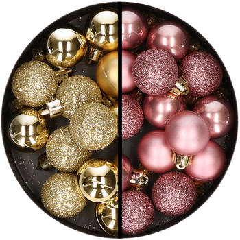 34x stuks kunststof kerstballen goud en oudroze 3 cm - Kerstbal