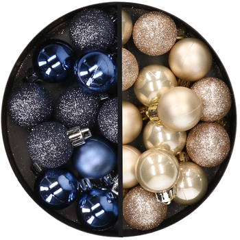 34x stuks kunststof kerstballen donkerblauw en champagne 3 cm - Kerstbal