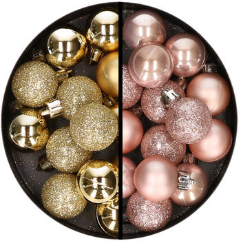 34x stuks kunststof kerstballen goud en lichtroze 3 cm - Kerstbal