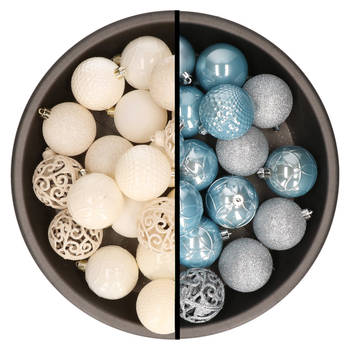 Kerstballen - 74x stuks - wol wit en lichtblauw - 6 cm - kunststof - Kerstbal