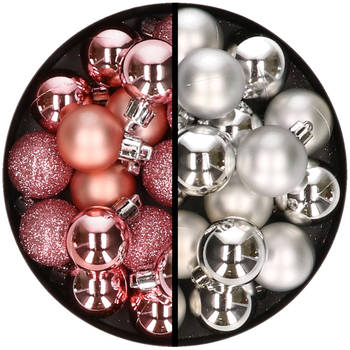 36x stuks kunststof kerstballen roze en zilver 3 en 4 cm - Kerstbal