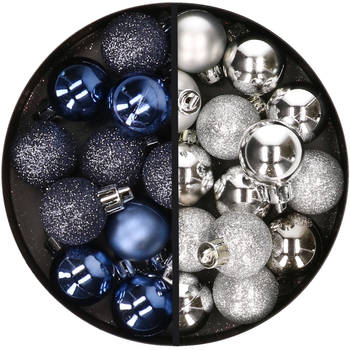 34x stuks kunststof kerstballen donkerblauw en zilver 3 cm - Kerstbal