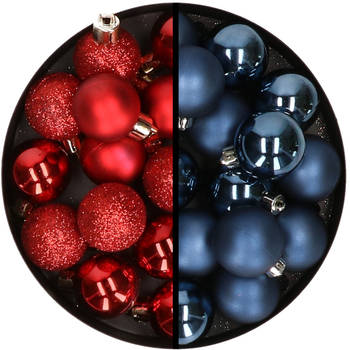 36x stuks kunststof kerstballen rood en donkerblauw 3 en 4 cm - Kerstbal