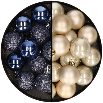 36x stuks kunststof kerstballen donkerblauw en champagne 3 en 4 cm - Kerstbal