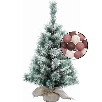 Mini kerstboom besneeuwd met verlichting - in jute zak - H60 cm - kleur mix rood - Kunstkerstboom