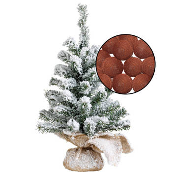 Mini kerstboom besneeuwd met verlichting - in jute zak - H45 cm - terracotta - Kunstkerstboom