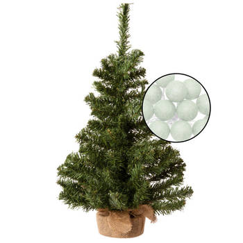 Mini kerstboom groen met verlichting - in jute zak - H60 cm - lichtgroen - Kunstkerstboom