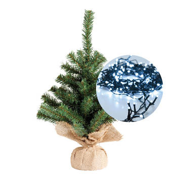 Mini kerstboom 35 cm - met kerstverlichting helder wit 300 cm - 40 leds - Kunstkerstboom