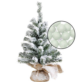 Mini kerstboom besneeuwd met verlichting - in jute zak - H45 cm - lichtgroen - Kunstkerstboom