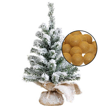 Mini kerstboom besneeuwd met verlichting - in jute zak - H45 cm - okergeel - Kunstkerstboom