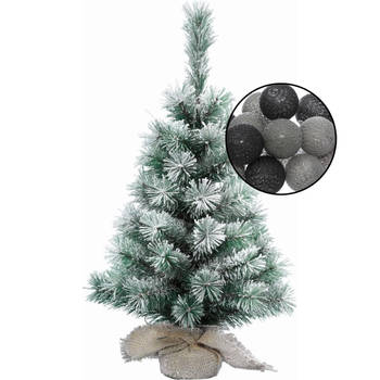 Mini kerstboom besneeuwd met verlichting - in jute zak - H60 cm - zwart/grijs - Kunstkerstboom