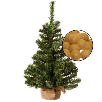 Mini kerstboom groen met verlichting - in jute zak - H60 cm - okergeel - Kunstkerstboom