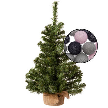 Mini kerstboom groen met verlichting - in jute zak - H60 cm - kleur mix grijs - Kunstkerstboom