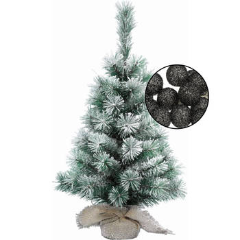 Mini kerstboom besneeuwd met verlichting - in jute zak - H60 cm - zwart - Kunstkerstboom