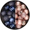 34x stuks kunststof kerstballen donkerblauw en lichtroze 3 cm - Kerstbal
