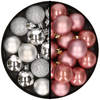 36x stuks kunststof kerstballen zilver en oudroze 3 en 4 cm - Kerstbal