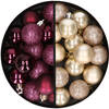 34x stuks kunststof kerstballen aubergine paars en champagne 3 cm - Kerstbal