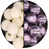 Kunststof kerstballen 6 cm - 24x stuks - wol wit en lila paars - Kerstbal