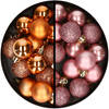 34x stuks kunststof kerstballen koper en velvet roze 3 cm - Kerstbal