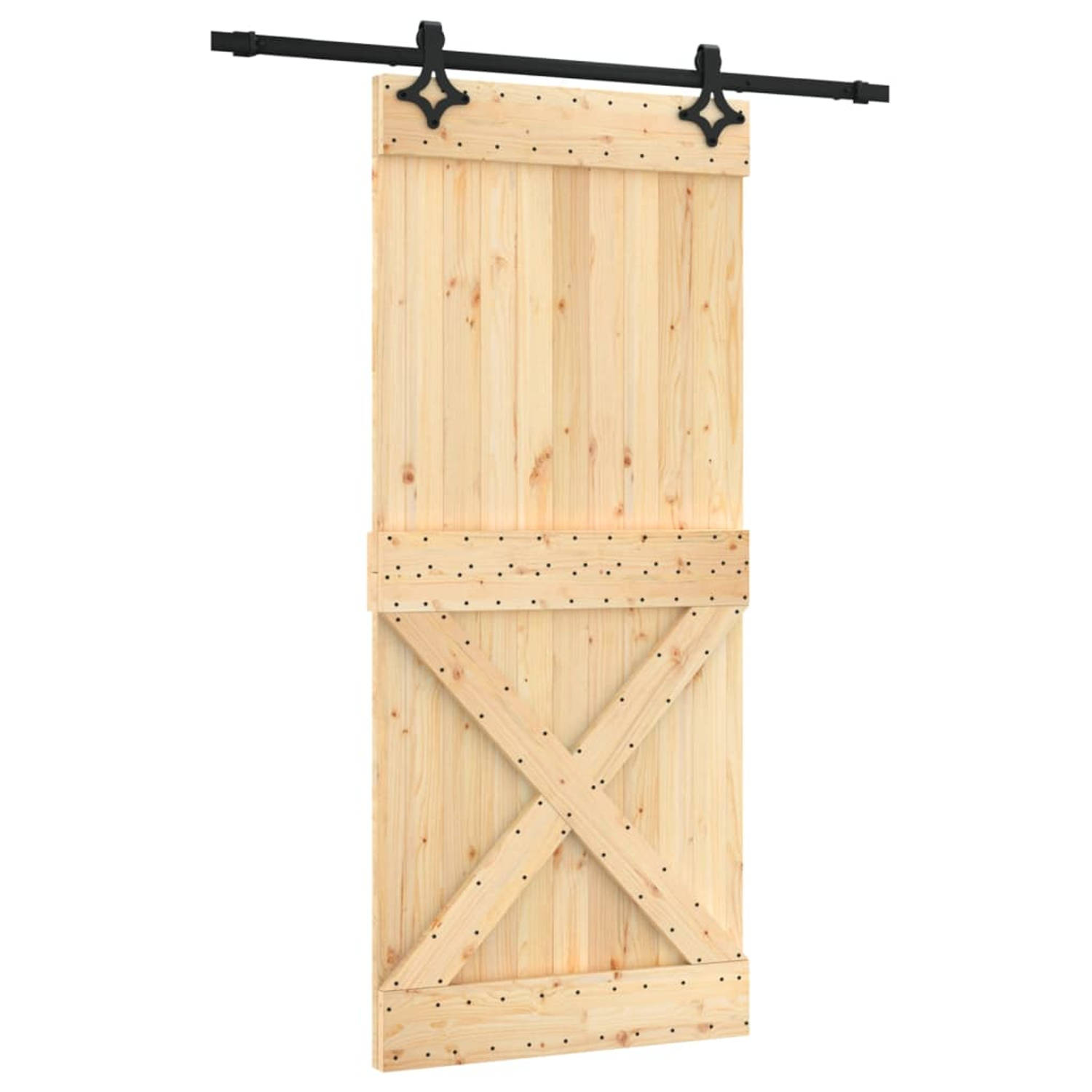 The Living Store Schuifdeur Massief Grenenhout - 90 x 3.6 x 210 cm - Zwarte Hardwareset - Ruimtebesparend