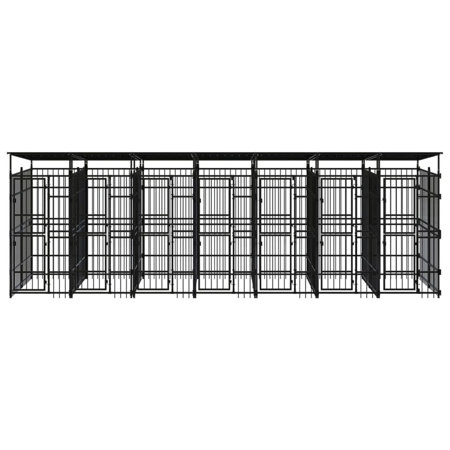 The Living Store Hondenkennel - Stalen stangen - 679 x 200 x 228 cm - Met dak en deuren - Zwart