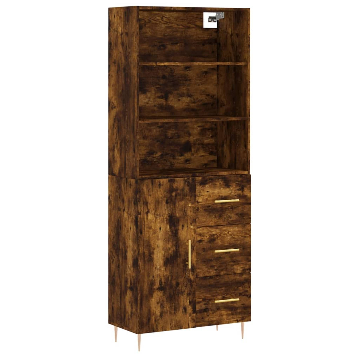 The Living Store Hoge Kast - Gerookt Eiken - 69.5 x 34 x 180 cm - Bewerkt Hout en IJzer