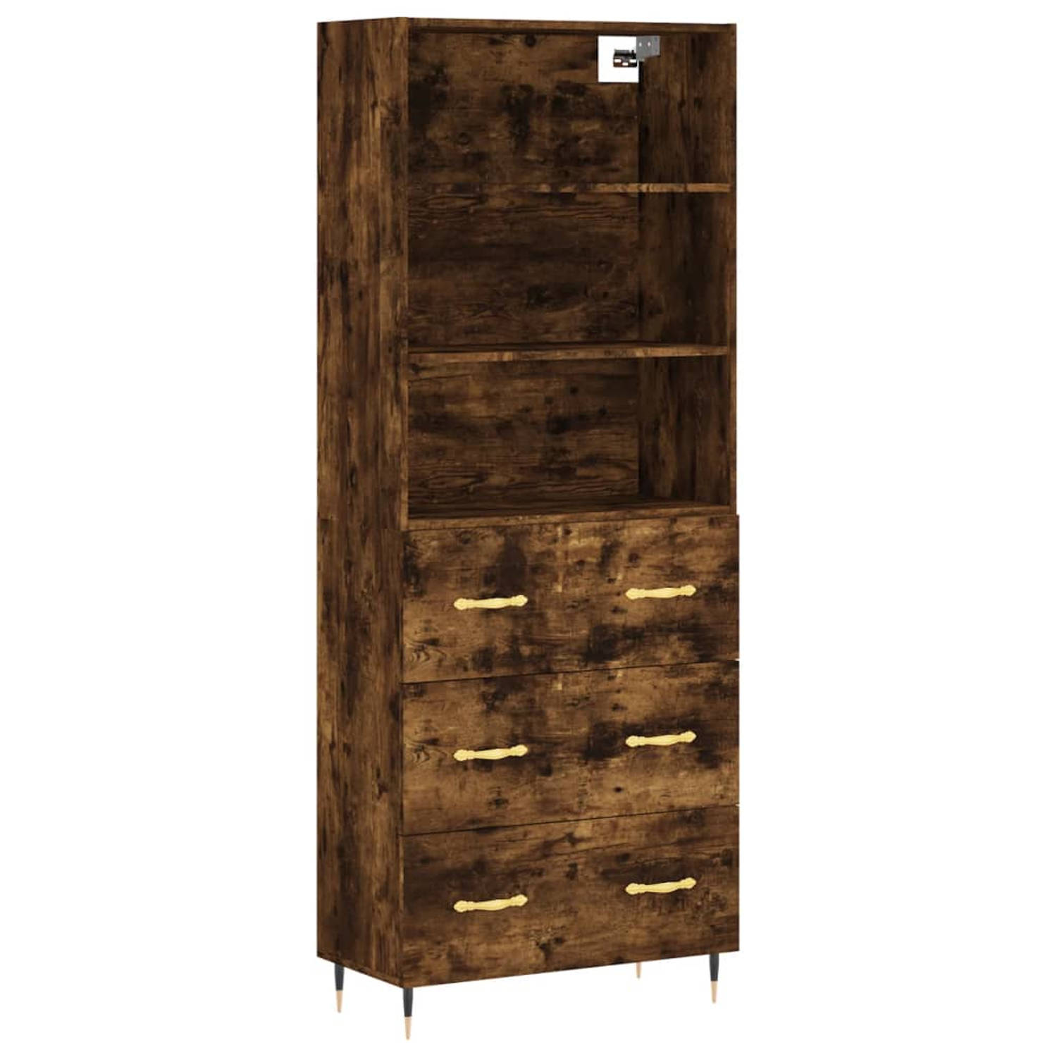 The Living Store Hoge Kast - Gerookt Eiken - Bewerkt Hout - 69.5 x 34 x 180 cm