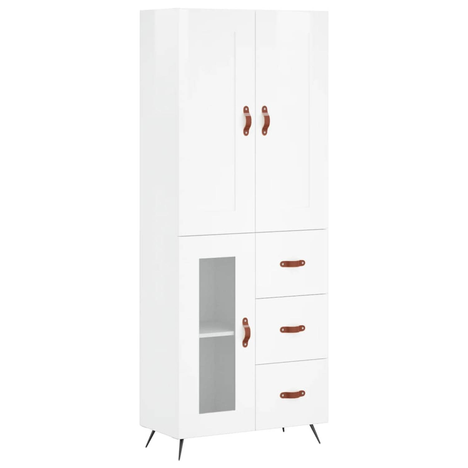 The Living Store-Hoge-kast-69-5x34x180-cm-bewerkt-hout-hoogglans-wit - Keukenkast