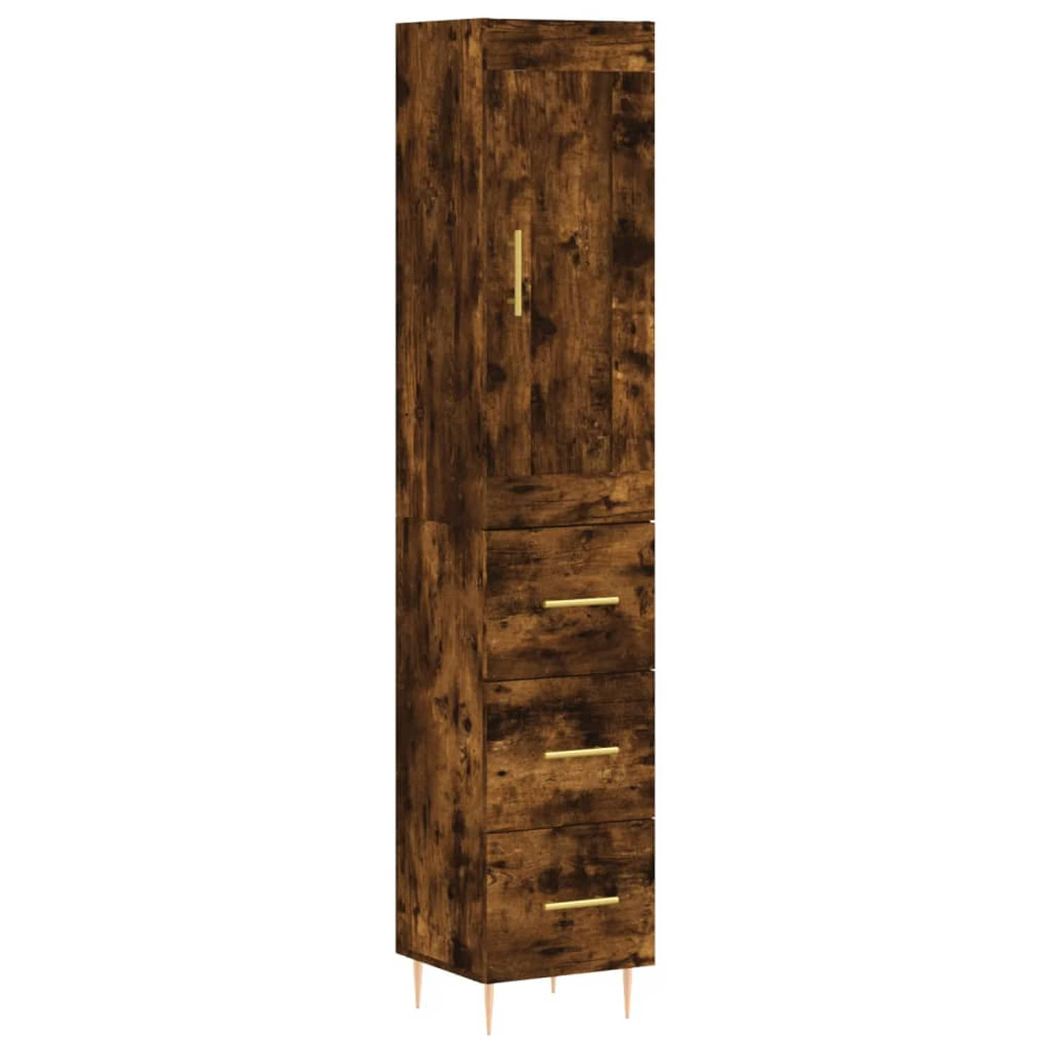 The Living Store Hoge Kast - Gerookt Eiken - Bewerkt Hout en Metaal - 34.5 x 34 x 180 cm