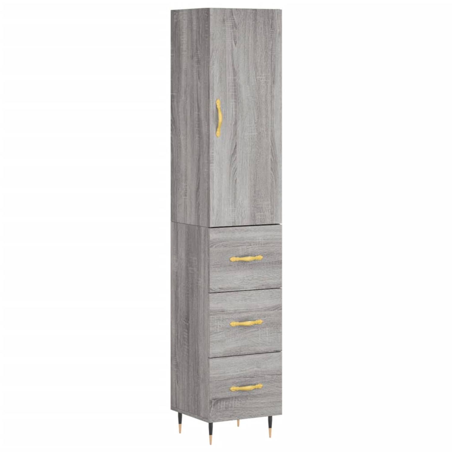 The Living Store-Hoge-kast-34-5x34x180-cm-bewerkt-hout-grijs-sonoma-eikenkleurig - Keukenkast