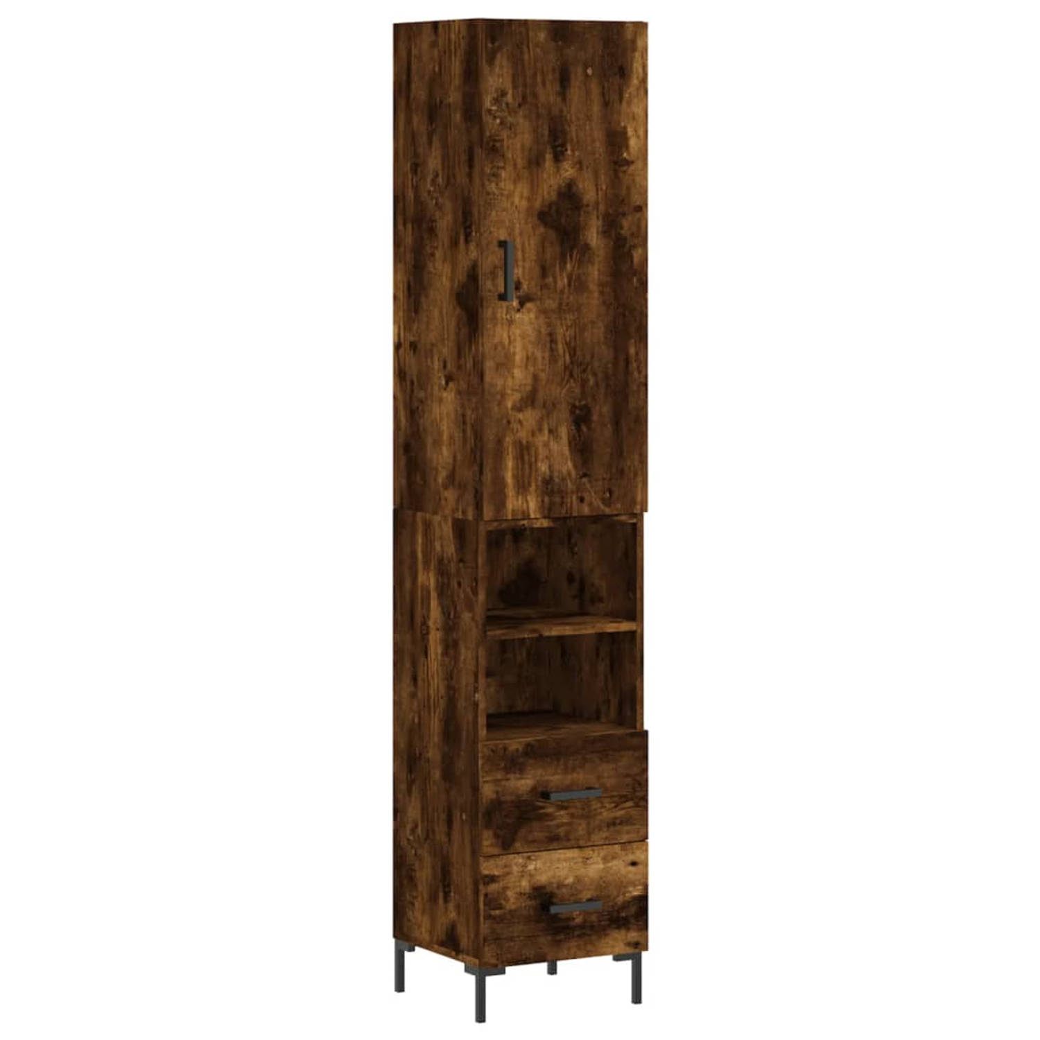 The Living Store Hoge Kast - Gerookt Eiken - Bewerkt Hout - 34.5 x 34 x 180 cm - Opbergruimte