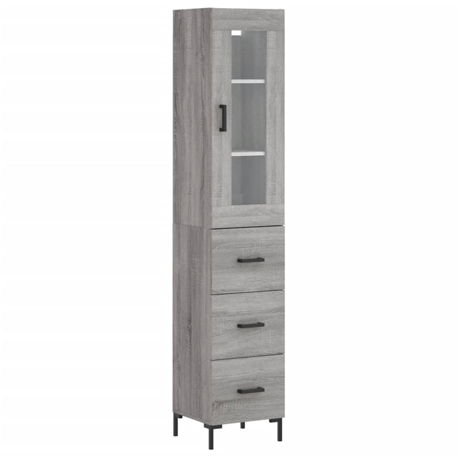 The Living Store-Hoge-kast-34-5x34x180-cm-bewerkt-hout-grijs-sonoma-eikenkleurig - Keukenkast