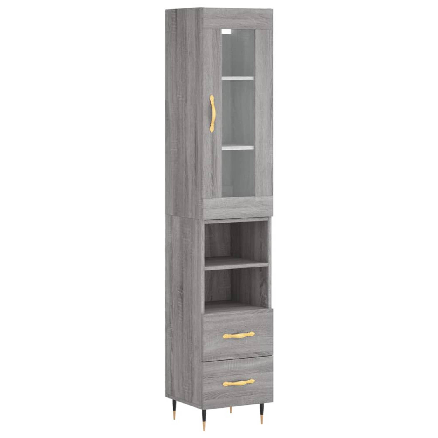 The Living Store Hoge Kast - Grijs Sonoma Eiken - Bewerkt Hout - 180 cm - Voldoende Opbergruimte - Metalen Voeten