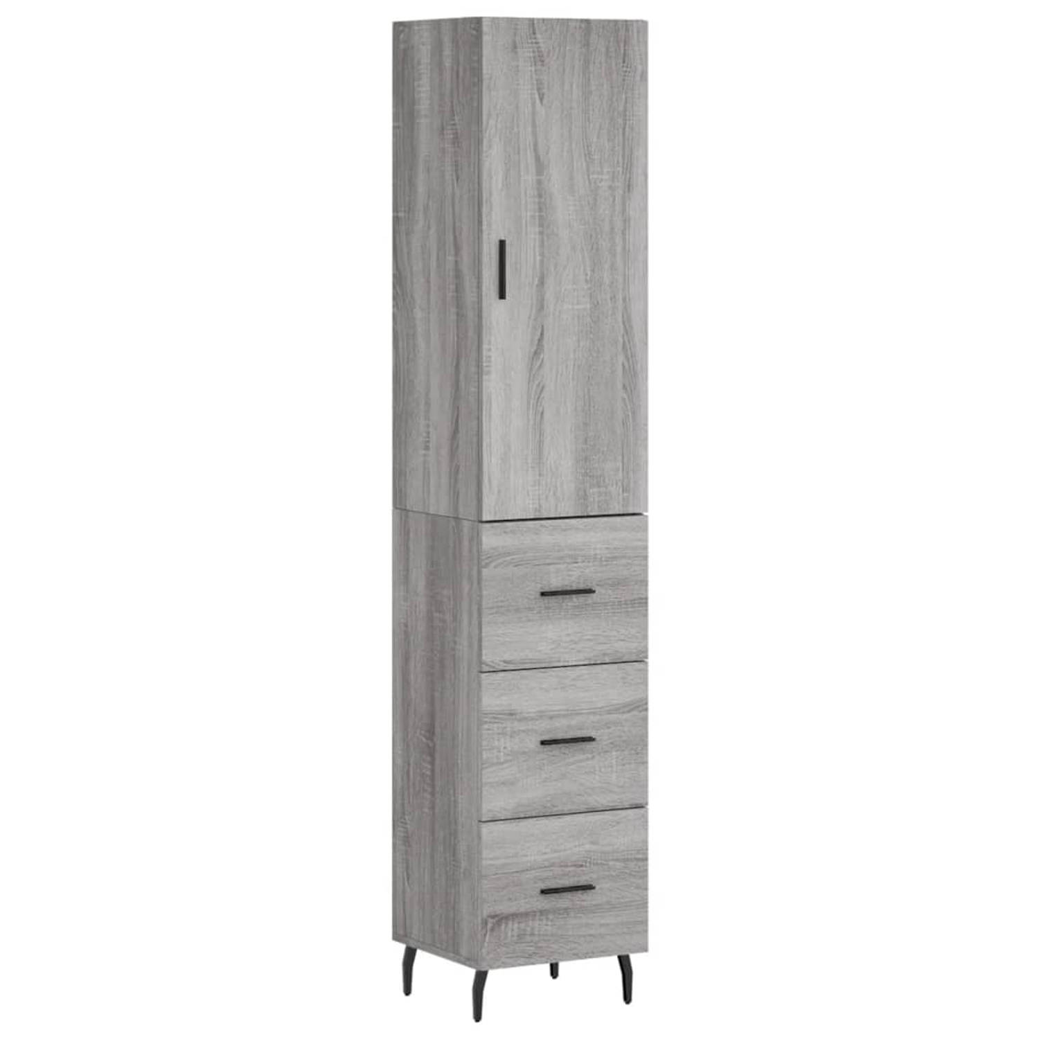 The Living Store-Hoge-kast-34-5x34x180-cm-bewerkt-hout-grijs-sonoma-eikenkleurig - Keukenkast